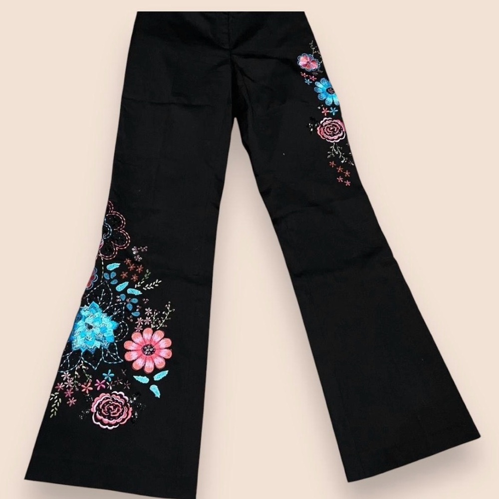 Cache Black Embroidered Floral Flare Pants – Size 12